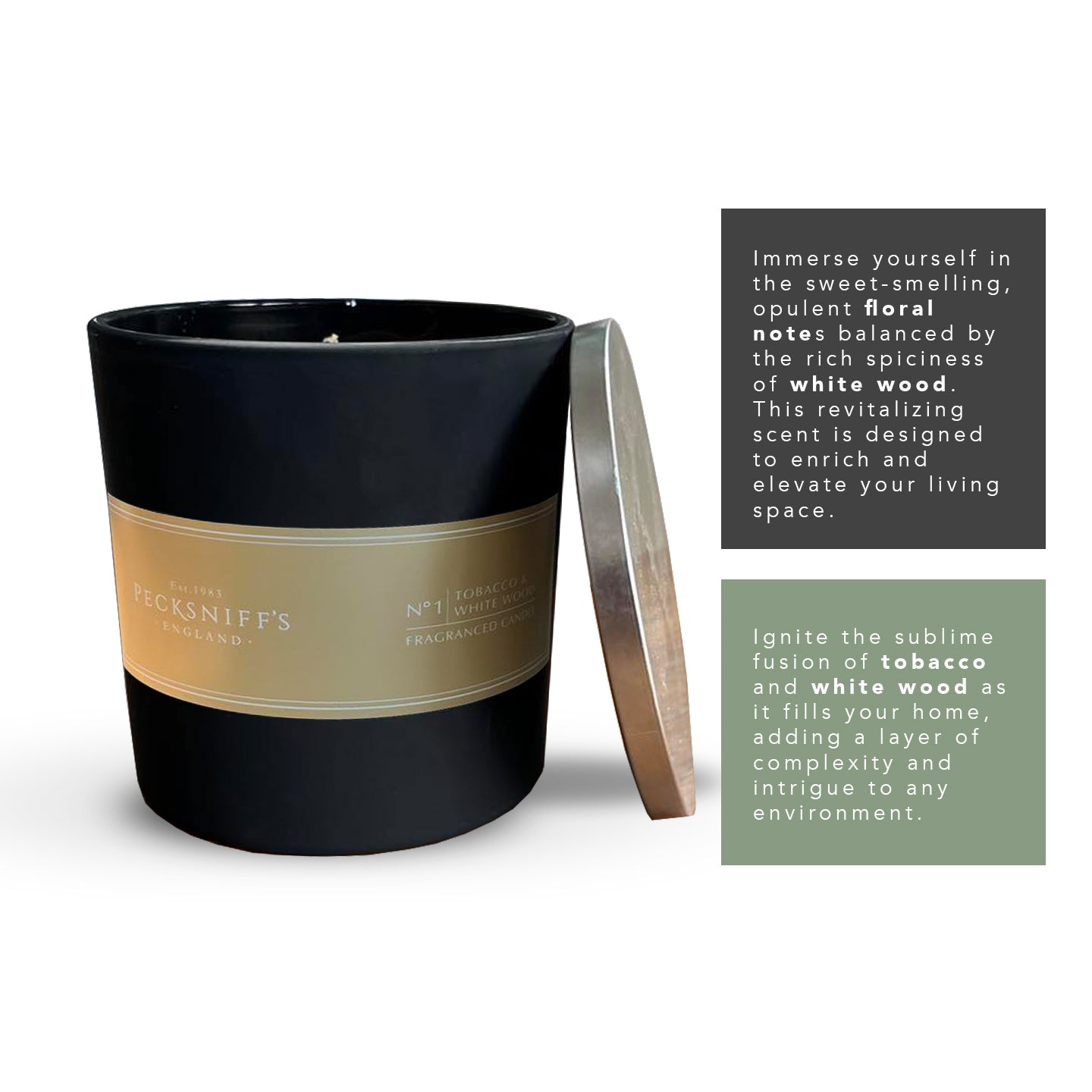 Pecksniffs Black Tobacco & White Wood Scented Candle | 3 Wicks, 283g/9.9oz