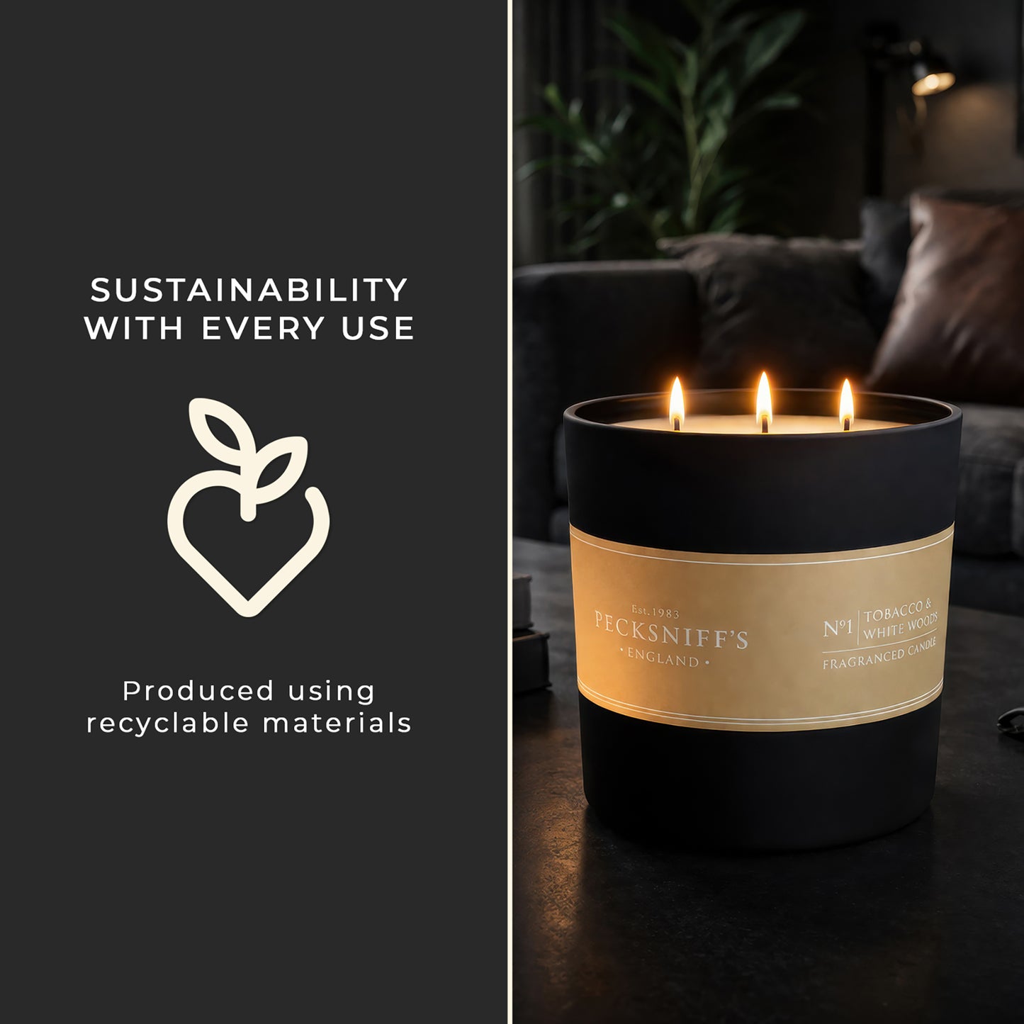 Pecksniffs Tobacco & White Wood Candle | 3 Wicks, 515g /18.16oz