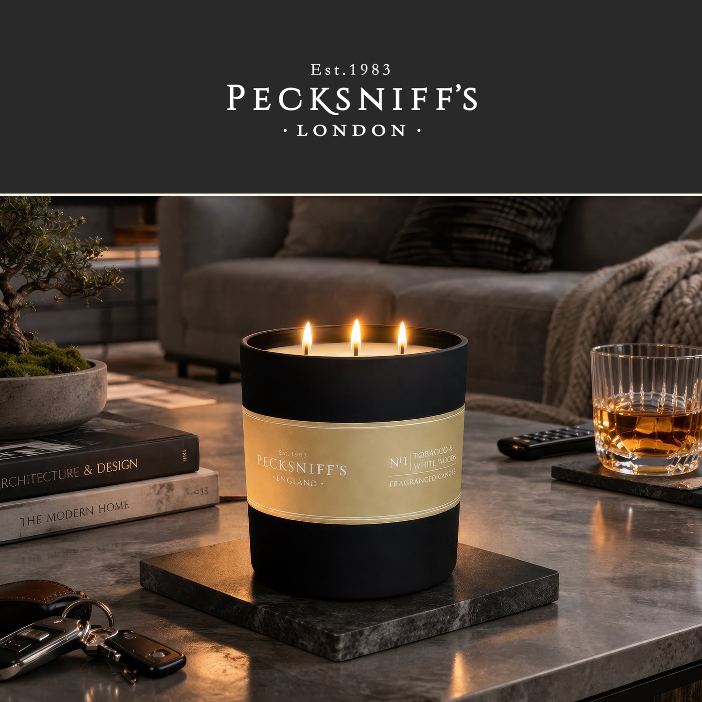 Pecksniffs Tobacco & White Wood Candle | 3 Wicks, 515g /18.16oz