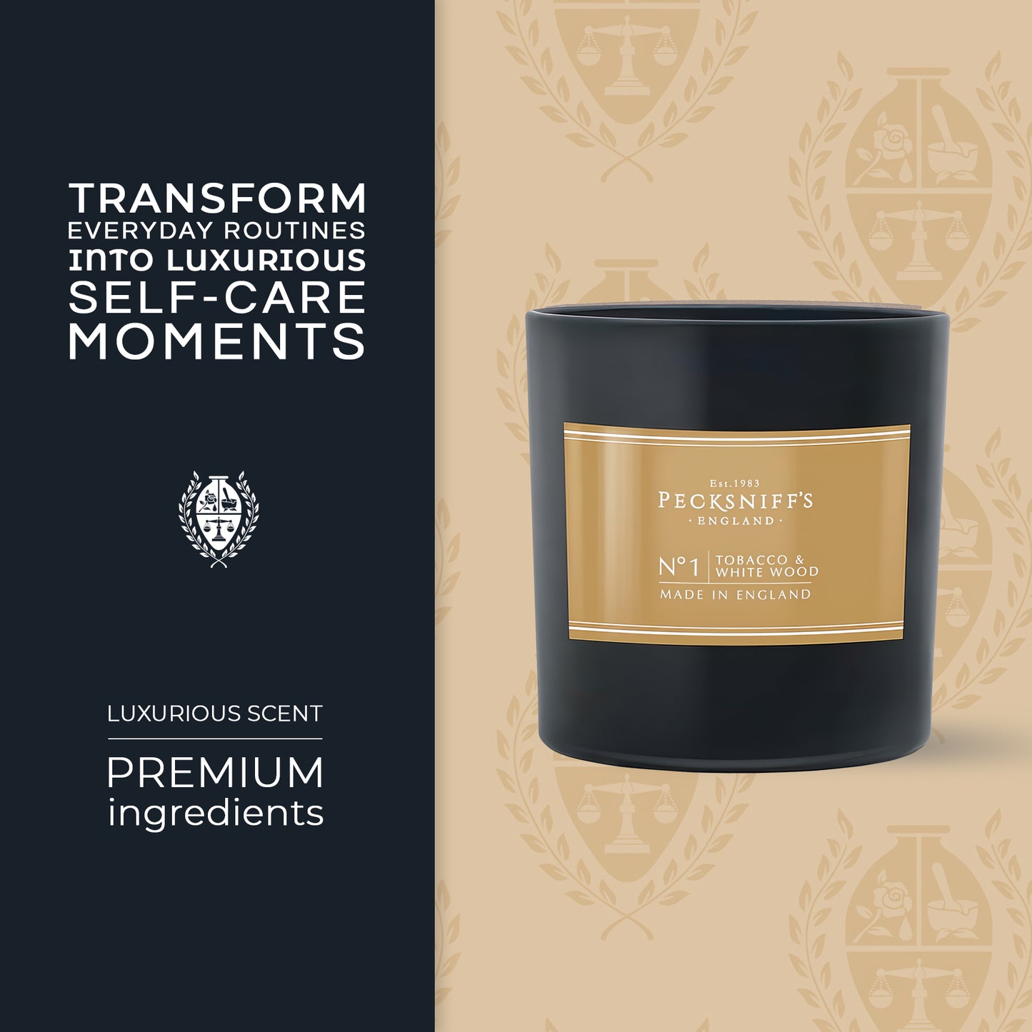 Pecksniff’s Tobacco & White Wood Scented Candle – 1 Wick, 184 g/6.49 oz – Oriental Luxury Fragrance – Black Glass Vessel – Made in England