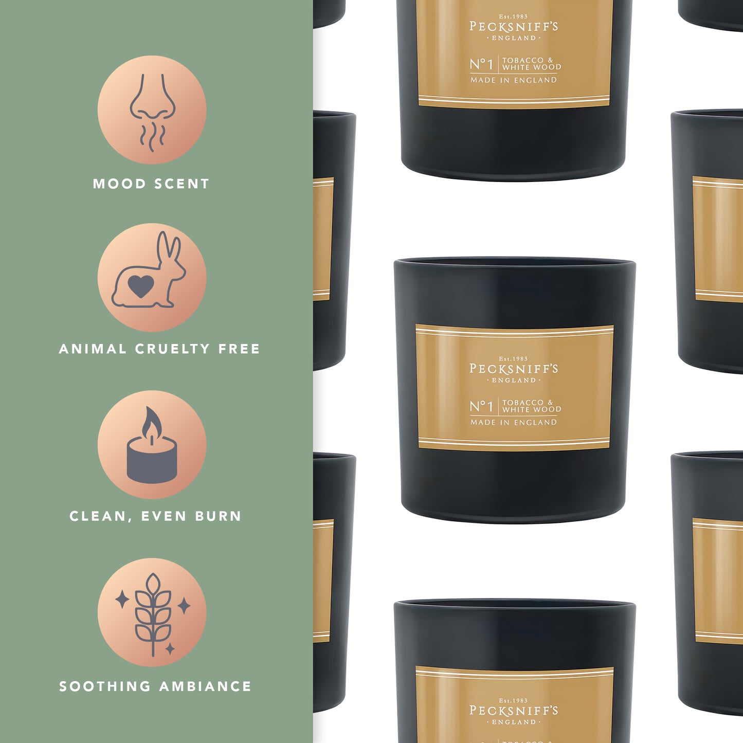 Pecksniff’s Tobacco & White Wood Scented Candle – 1 Wick, 184 g/6.49 oz – Oriental Luxury Fragrance – Black Glass Vessel – Made in England