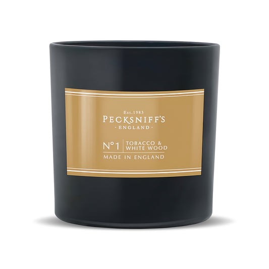Pecksniff’s Tobacco & White Wood Scented Candle – 1 Wick, 184 g/6.49 oz – Oriental Luxury Fragrance – Black Glass Vessel – Made in England