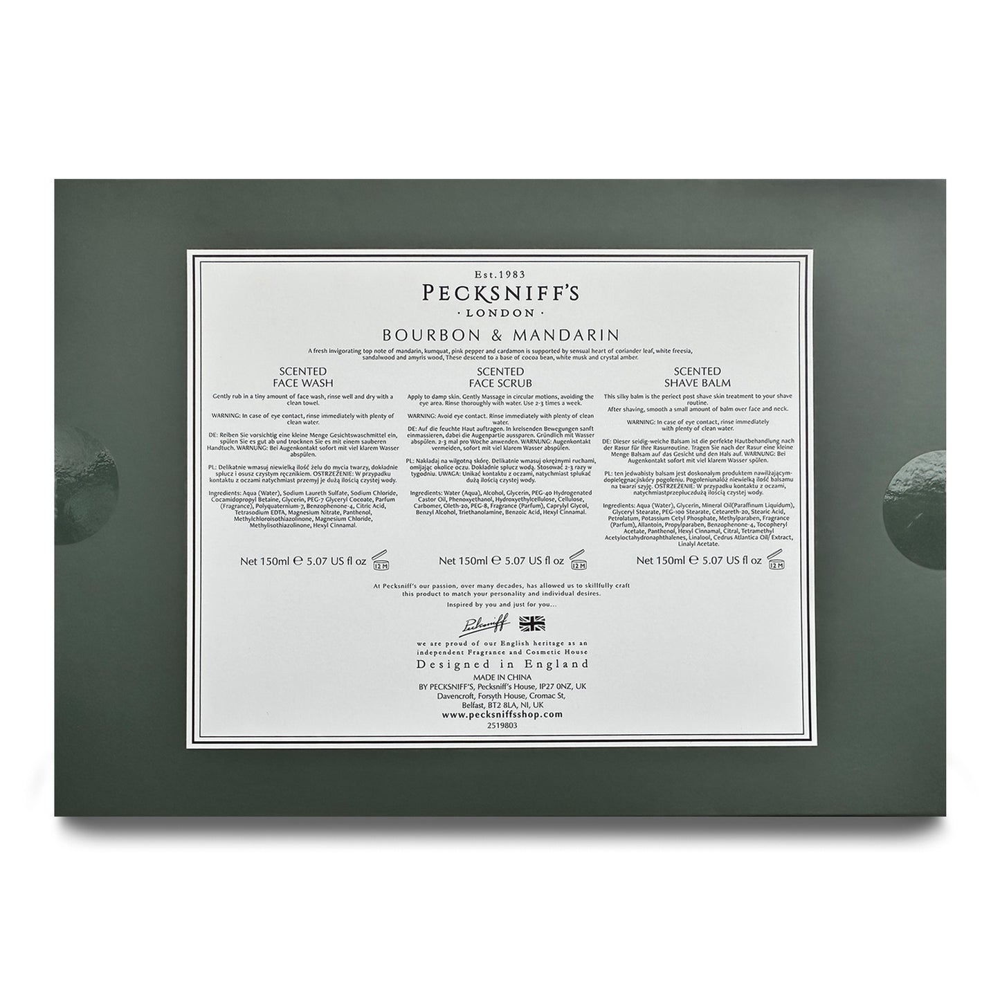 Pecksniff’s Men’s Trio Face Collection – Bourbon & Mandarin – Face Wash, Face Scrub & Shave Balm Gift Set, 3 x 75ml