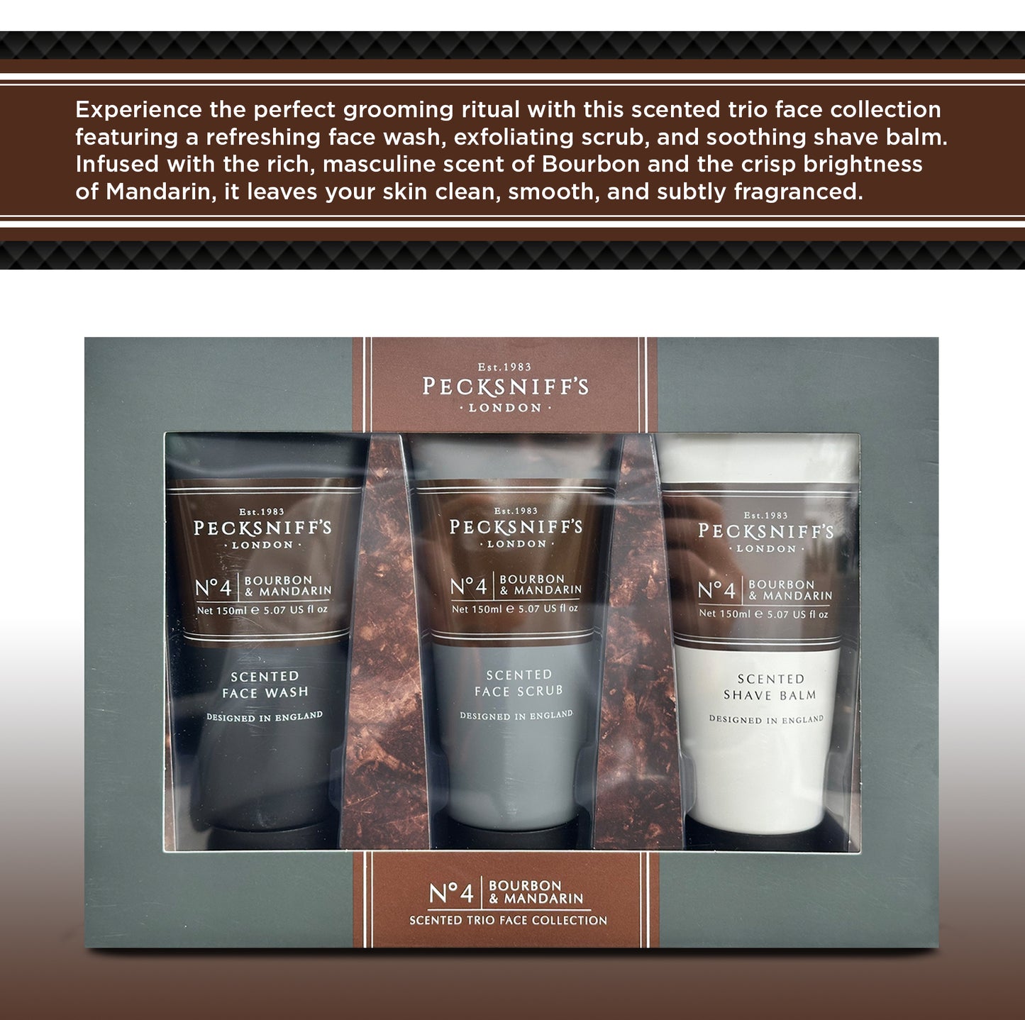 Pecksniff’s Men’s Trio Face Collection – Bourbon & Mandarin – Face Wash, Face Scrub & Shave Balm Gift Set, 3 x 75ml