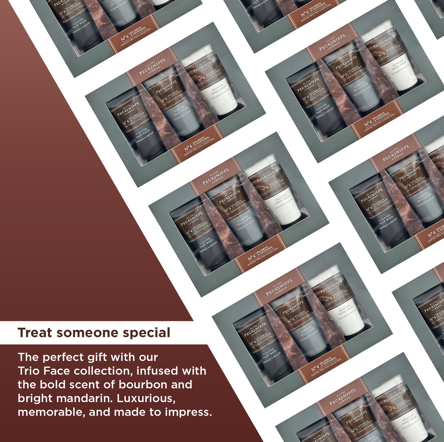 Pecksniff’s Men’s Trio Face Collection – Bourbon & Mandarin – Face Wash, Face Scrub & Shave Balm Gift Set, 3 x 75ml