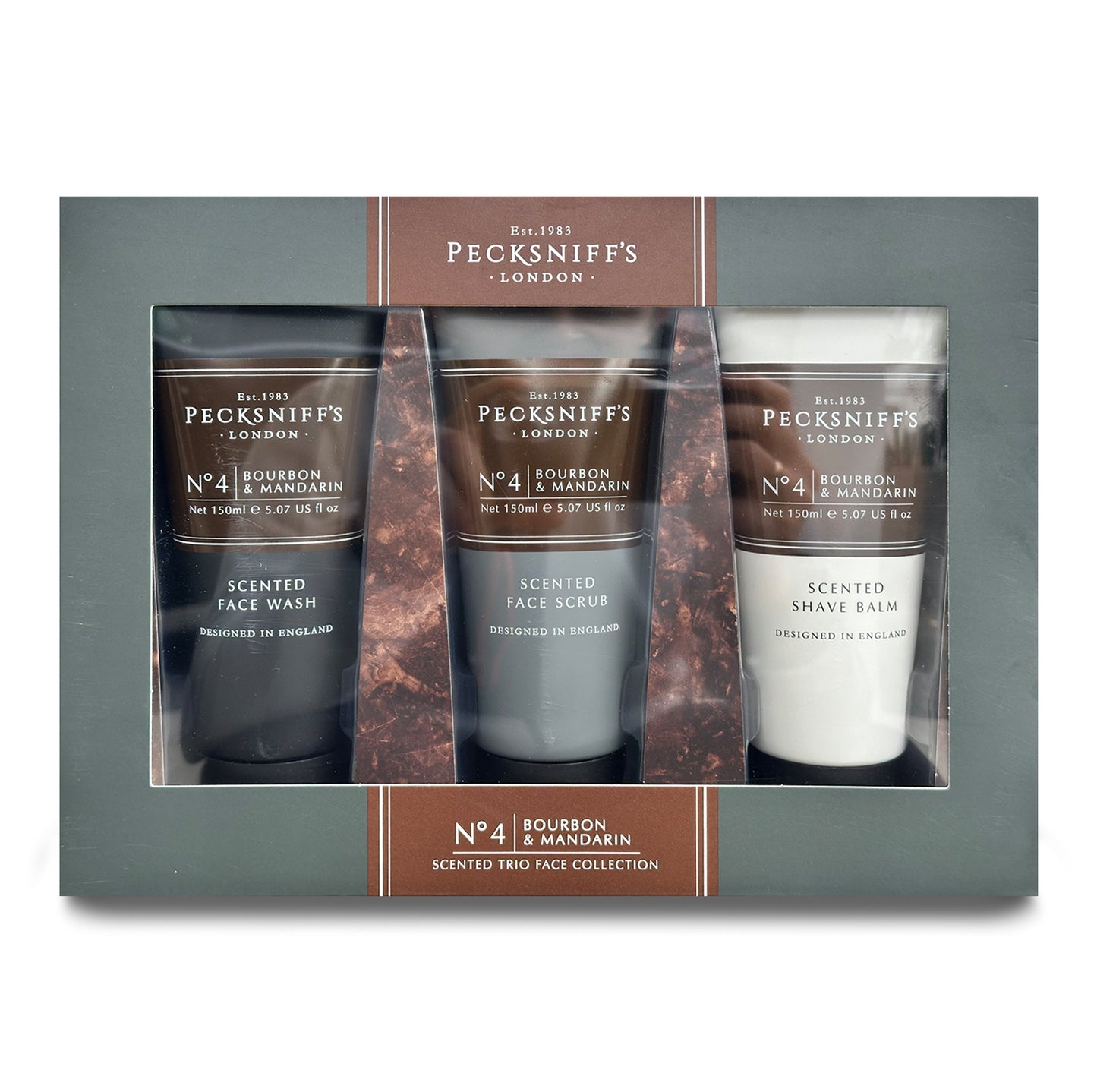 Pecksniff’s Men’s Trio Face Collection – Bourbon & Mandarin – Face Wash, Face Scrub & Shave Balm Gift Set, 3 x 75ml