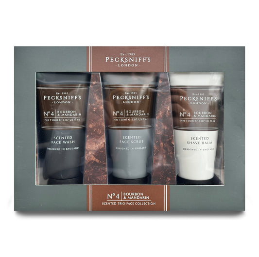 Pecksniff’s Men’s Trio Face Collection – Bourbon & Mandarin – Face Wash, Face Scrub & Shave Balm Gift Set, 3 x 75ml