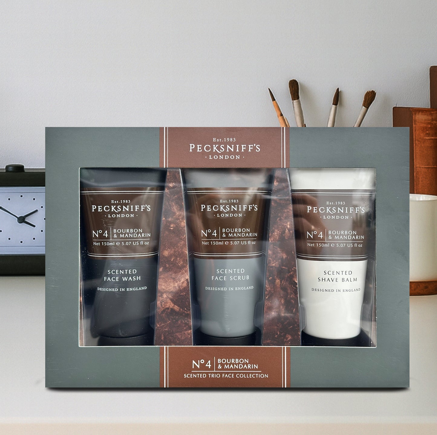 Pecksniff’s Men’s Trio Face Collection – Bourbon & Mandarin – Face Wash, Face Scrub & Shave Balm Gift Set, 3 x 75ml