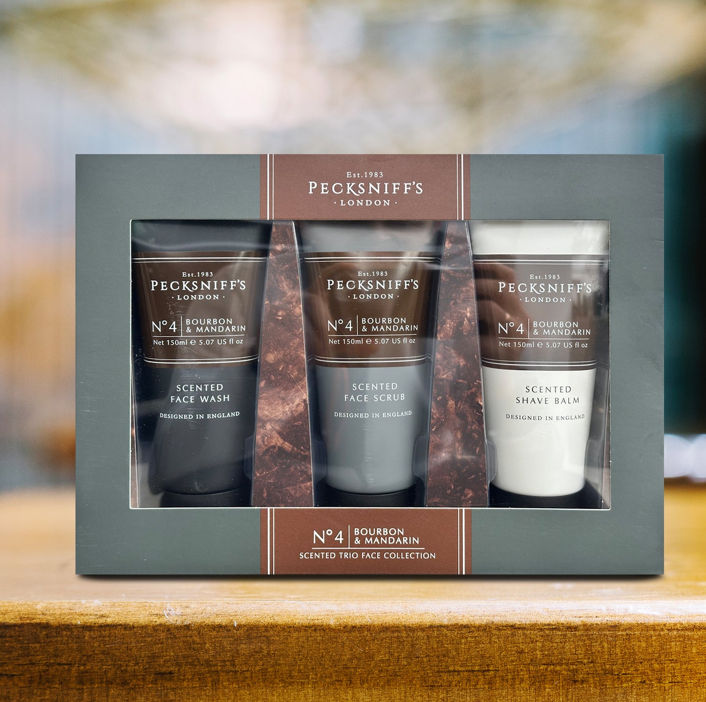Pecksniff’s Men’s Trio Face Collection – Bourbon & Mandarin – Face Wash, Face Scrub & Shave Balm Gift Set, 3 x 75ml