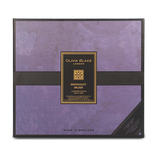 Olivia Blake Midnight Musk Trio Gift Set – Luxury Bath & Shower Gel 250ml, Hand & Body Lotion 250ml, Fragranced Candle 100ml – Elegant Home & Body Collection, Made in London
