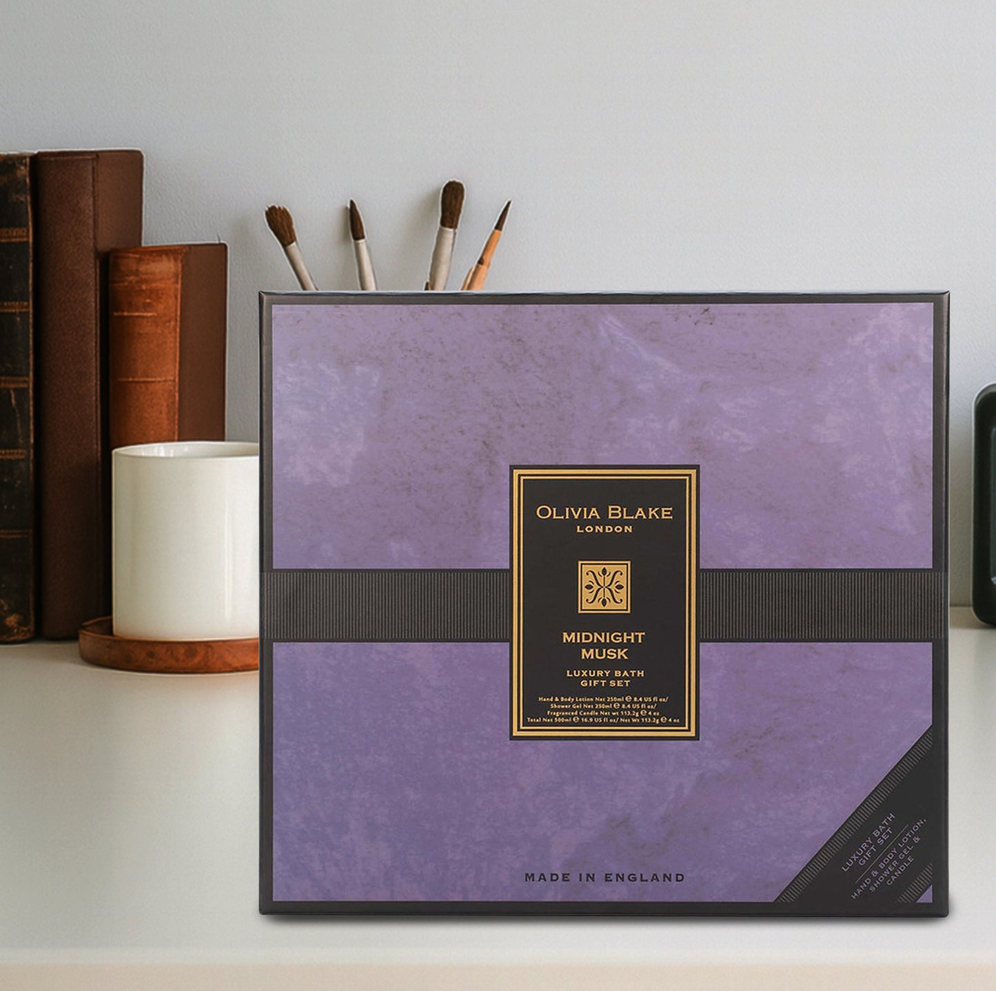 Olivia Blake Midnight Musk Trio Gift Set – Luxury Bath & Shower Gel 250ml, Hand & Body Lotion 250ml, Fragranced Candle 100ml – Elegant Home & Body Collection, Made in London
