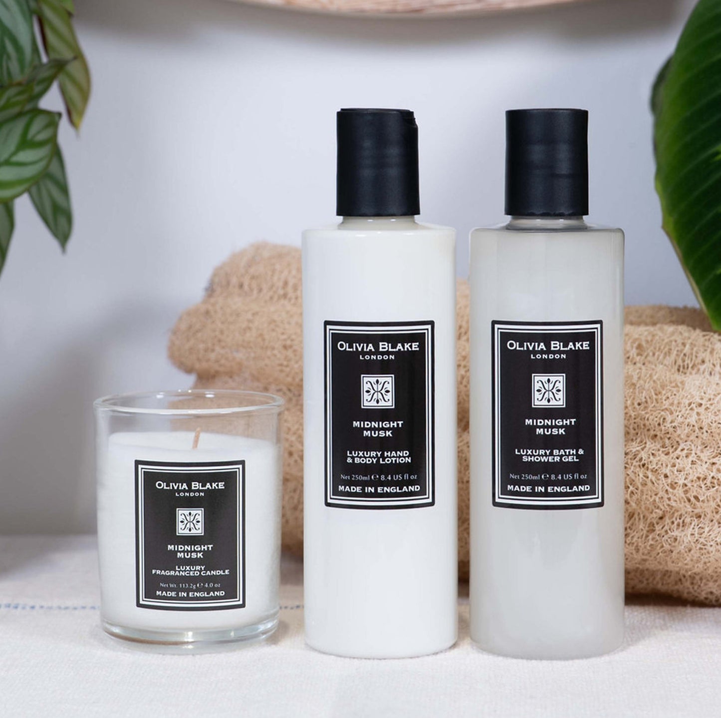 Olivia Blake Midnight Musk Trio Gift Set – Luxury Bath & Shower Gel 250ml, Hand & Body Lotion 250ml, Fragranced Candle 100ml – Elegant Home & Body Collection, Made in London