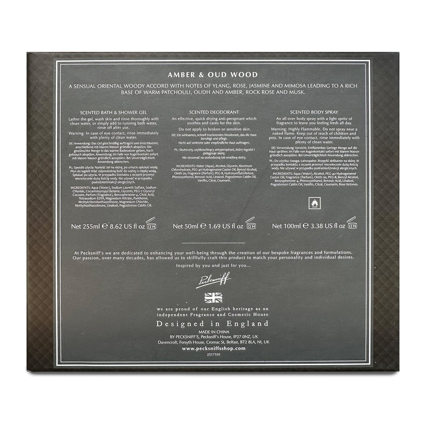 Pecksniff’s Men’s Essentials Body Trio Gift Set – Amber & Oud Wood – Bath & Shower Gel 250ml, Body Spray 100ml, Deodorant 50ml