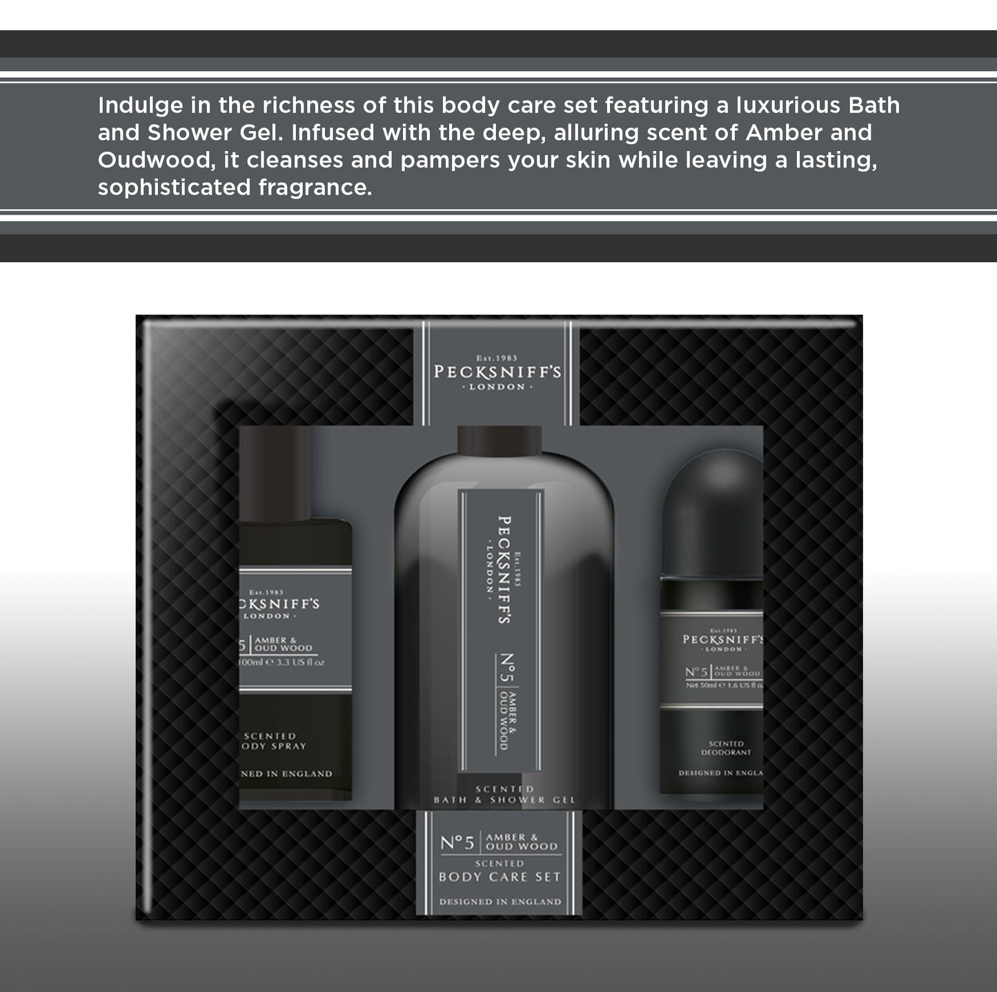 Pecksniff’s Men’s Essentials Body Trio Gift Set – Amber & Oud Wood – Bath & Shower Gel 250ml, Body Spray 100ml, Deodorant 50ml