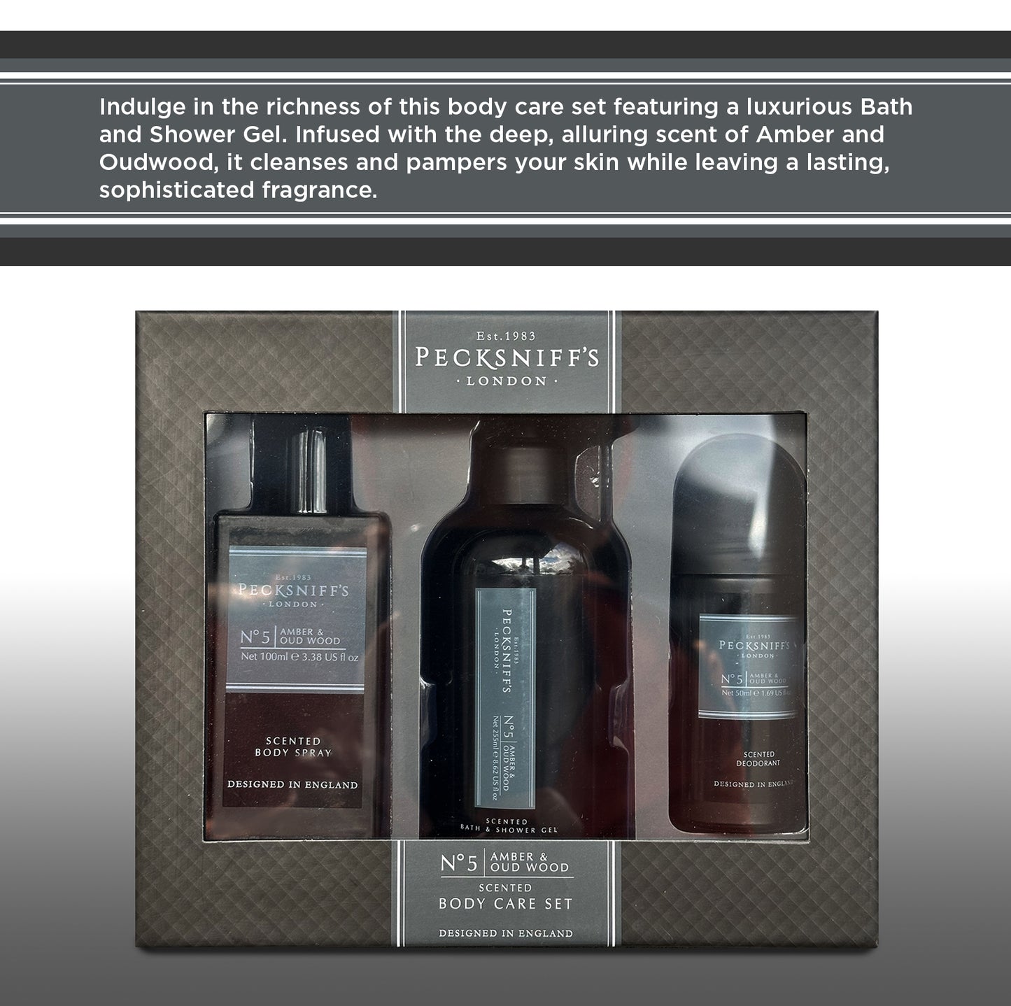 Pecksniff’s Men’s Essentials Body Trio Gift Set – Amber & Oud Wood – Bath & Shower Gel 250ml, Body Spray 100ml, Deodorant 50ml