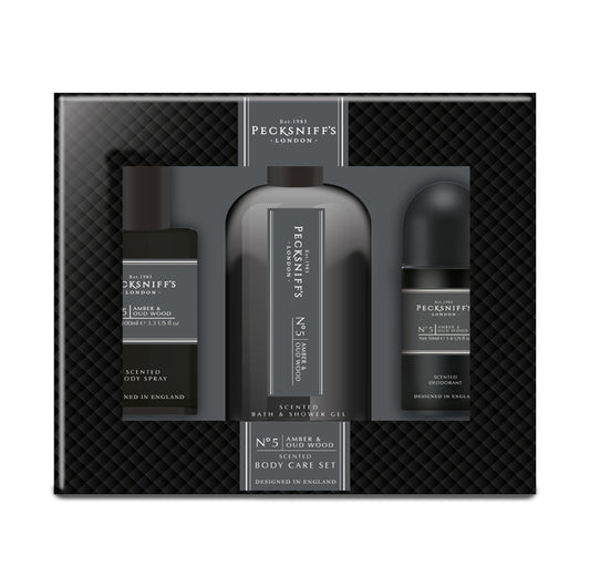 Pecksniff’s Men’s Essentials Body Trio Gift Set – Amber & Oud Wood – Bath & Shower Gel 250ml, Body Spray 100ml, Deodorant 50ml