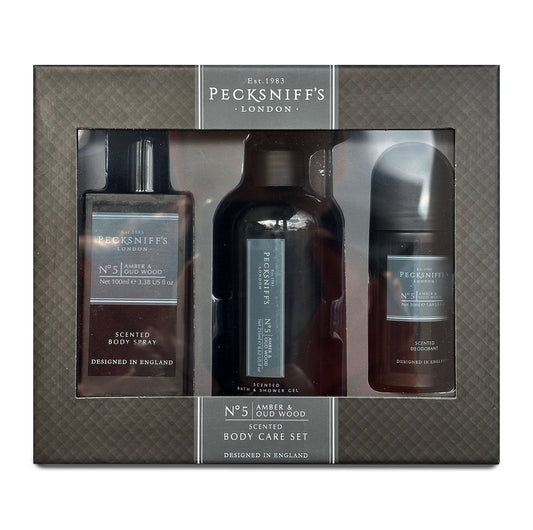 Pecksniff’s Men’s Essentials Body Trio Gift Set – Amber & Oud Wood – Bath & Shower Gel 250ml, Body Spray 100ml, Deodorant 50ml