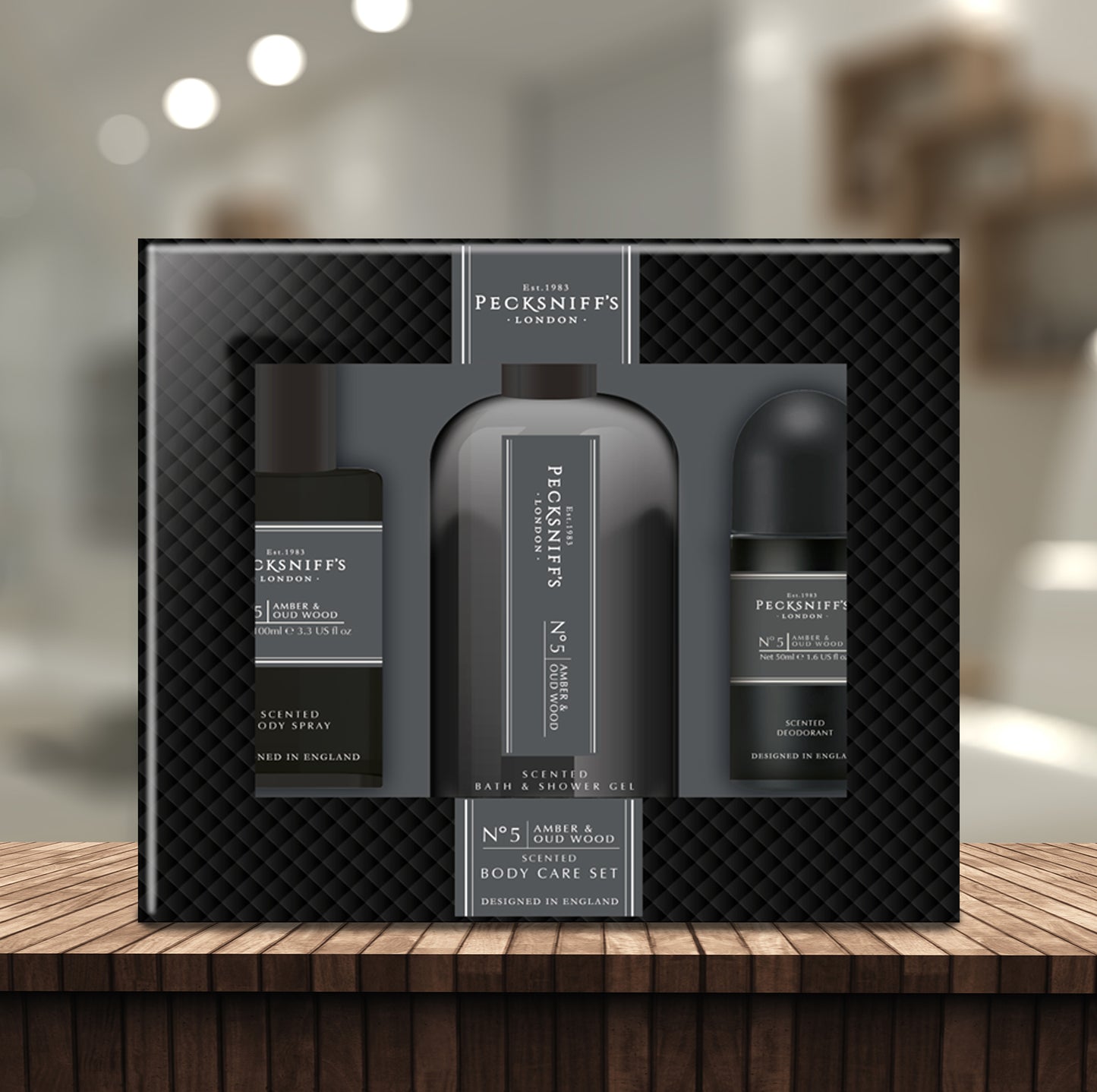 Pecksniff’s Men’s Essentials Body Trio Gift Set – Amber & Oud Wood – Bath & Shower Gel 250ml, Body Spray 100ml, Deodorant 50ml