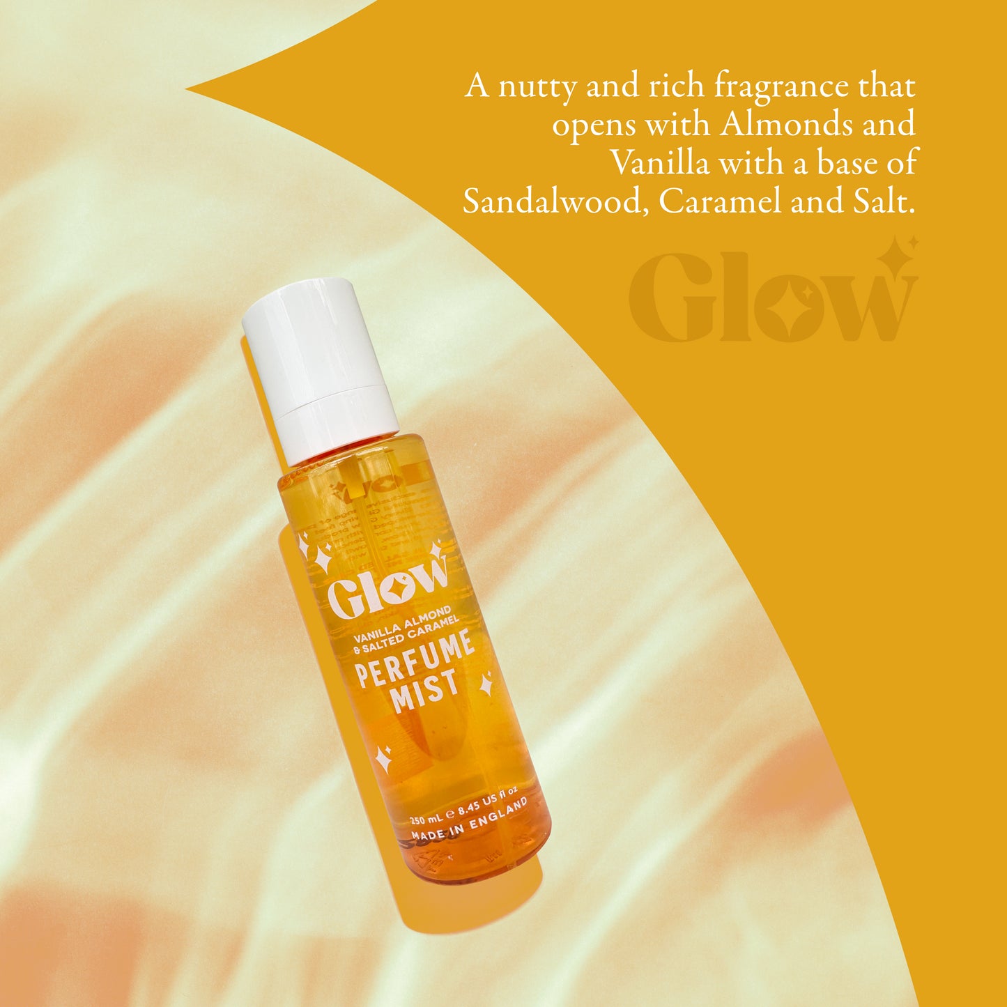 Glow Perfume Mist, Vanilla Almond & Salted Caramel Body Spray, 250 ml / 8.45 fl oz, Made in England