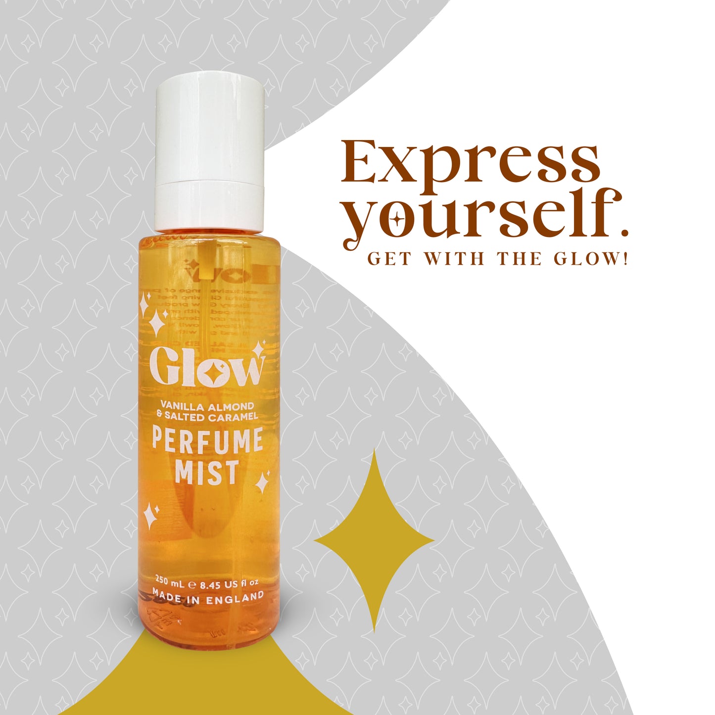 Glow Perfume Mist, Vanilla Almond & Salted Caramel Body Spray, 250 ml / 8.45 fl oz, Made in England