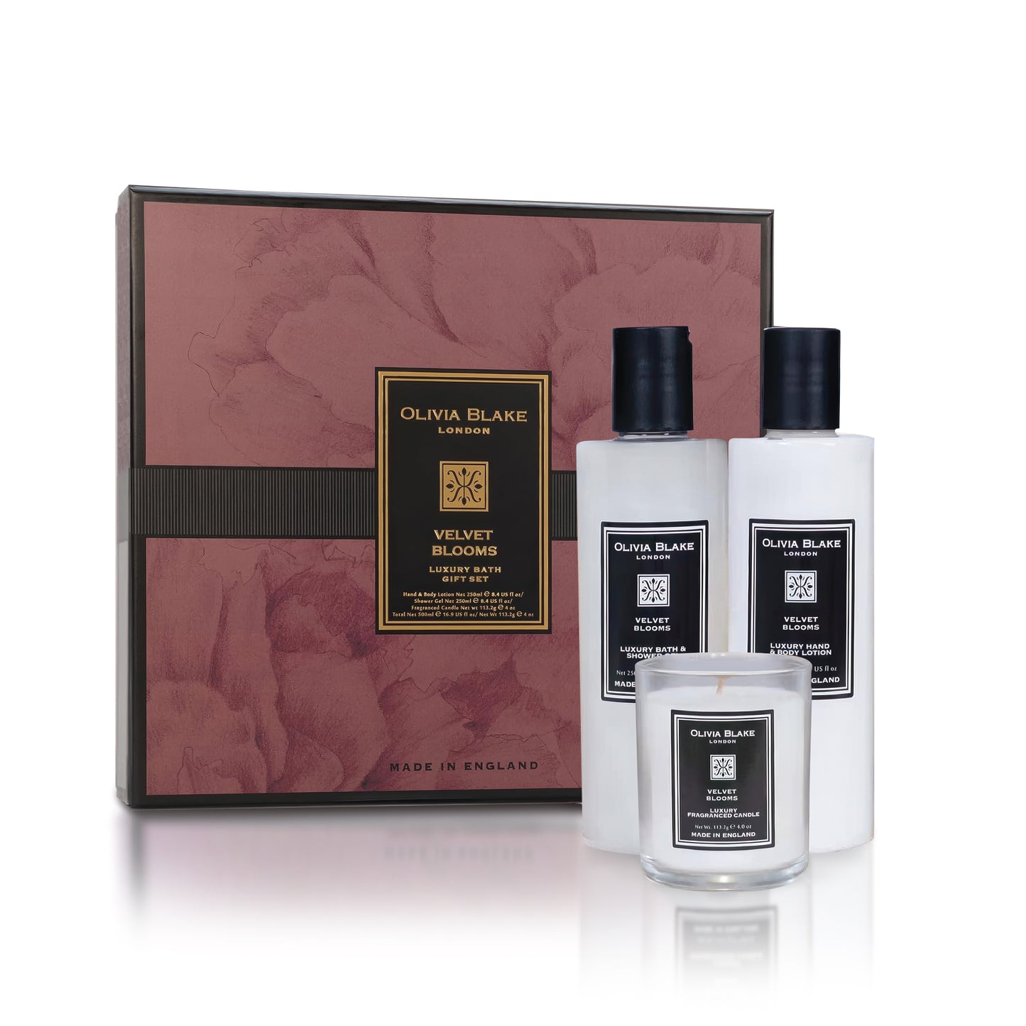 Olivia Blake Velvet Blooms Trio Gift Set – Luxury Bath & Shower Gel 250ml, Hand & Body Lotion 250ml, Fragranced Candle 100ml – Elegant Home & Body Collection, Made in London