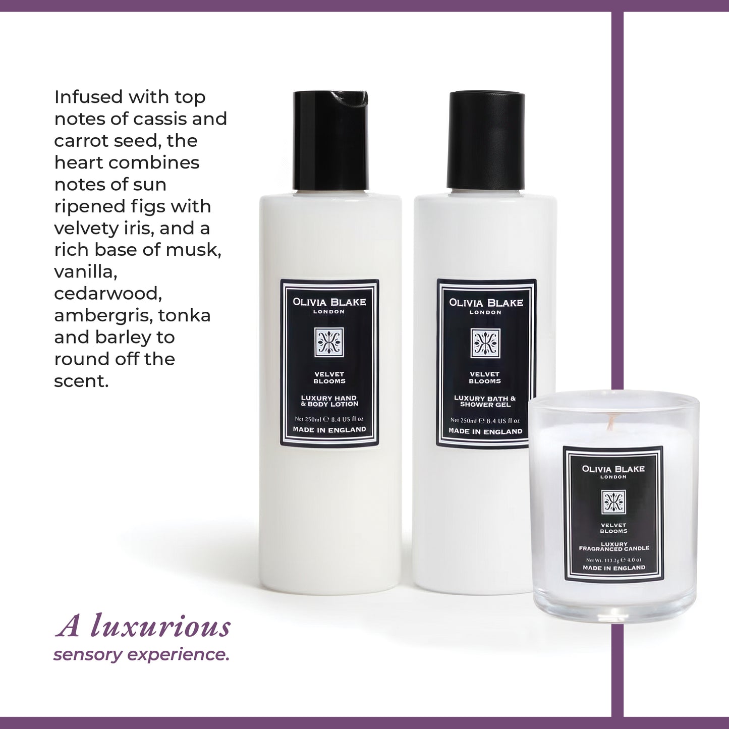 Olivia Blake Velvet Blooms Trio Gift Set – Luxury Bath & Shower Gel 250ml, Hand & Body Lotion 250ml, Fragranced Candle 100ml – Elegant Home & Body Collection, Made in London