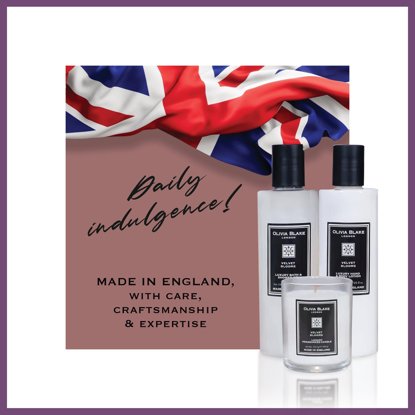 Olivia Blake Velvet Blooms Trio Gift Set – Luxury Bath & Shower Gel 250ml, Hand & Body Lotion 250ml, Fragranced Candle 100ml – Elegant Home & Body Collection, Made in London