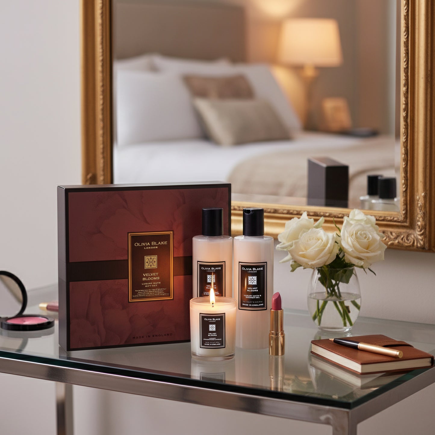 Olivia Blake Velvet Blooms Trio Gift Set – Luxury Bath & Shower Gel 250ml, Hand & Body Lotion 250ml, Fragranced Candle 100ml – Elegant Home & Body Collection, Made in London
