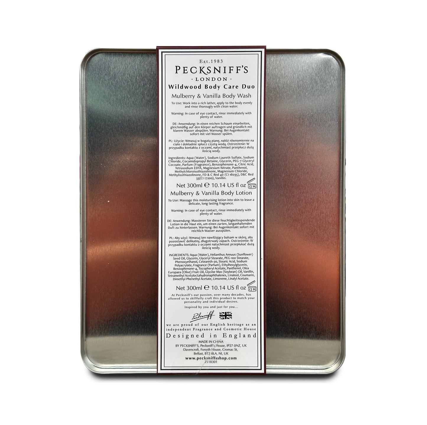 Pecksniff’s Body Care Duo Tin Box – Wildwood Mulberry & Vanilla 300ml Body Wash and 300ml Body Lotion Gift Set, Luxury Skincare Collection with Reusable Tin, Moisturizing & Nourishing for Daily Use