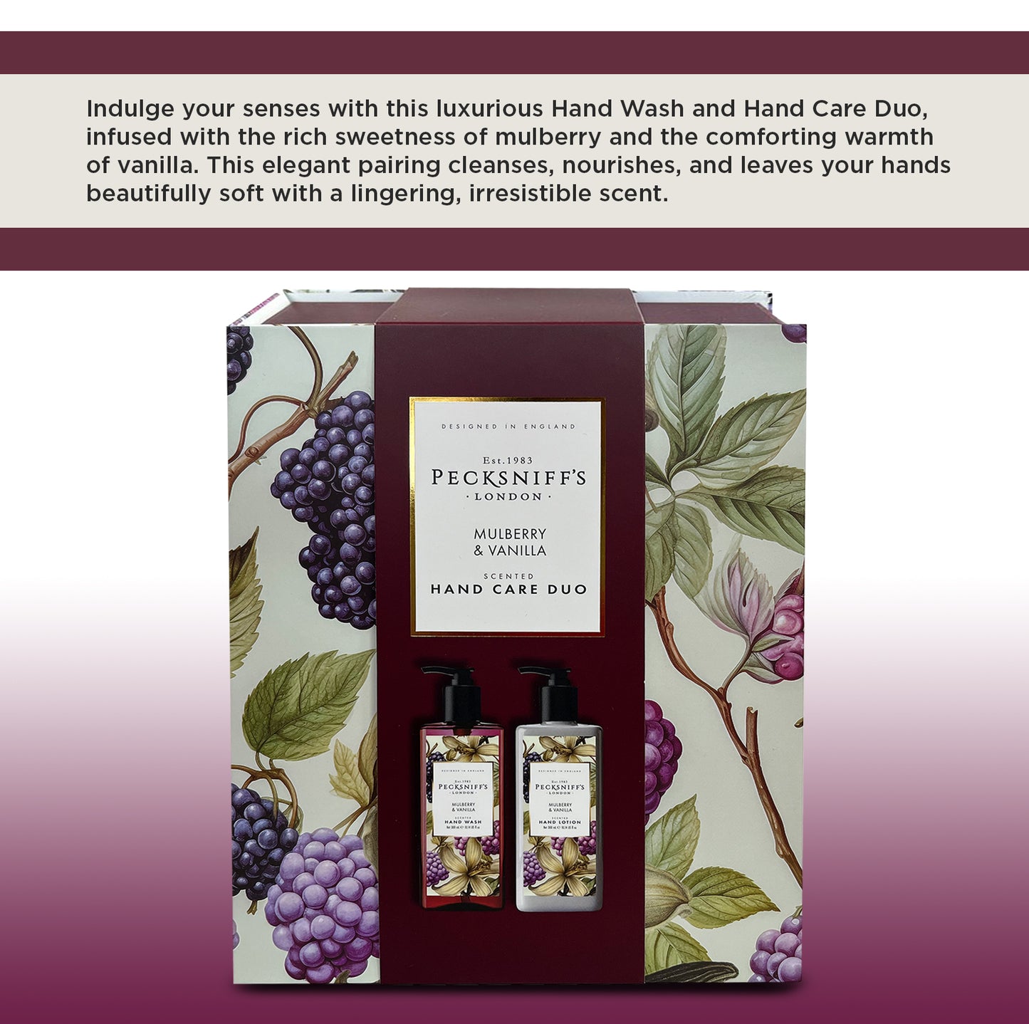Pecksniff’s Hand Care Duo Gift Set, Mulberry & Vanilla, Hard Box Set with 300ml Hand Wash and 300ml Hand Lotion, Moisturizing Sink Set, Designed in England