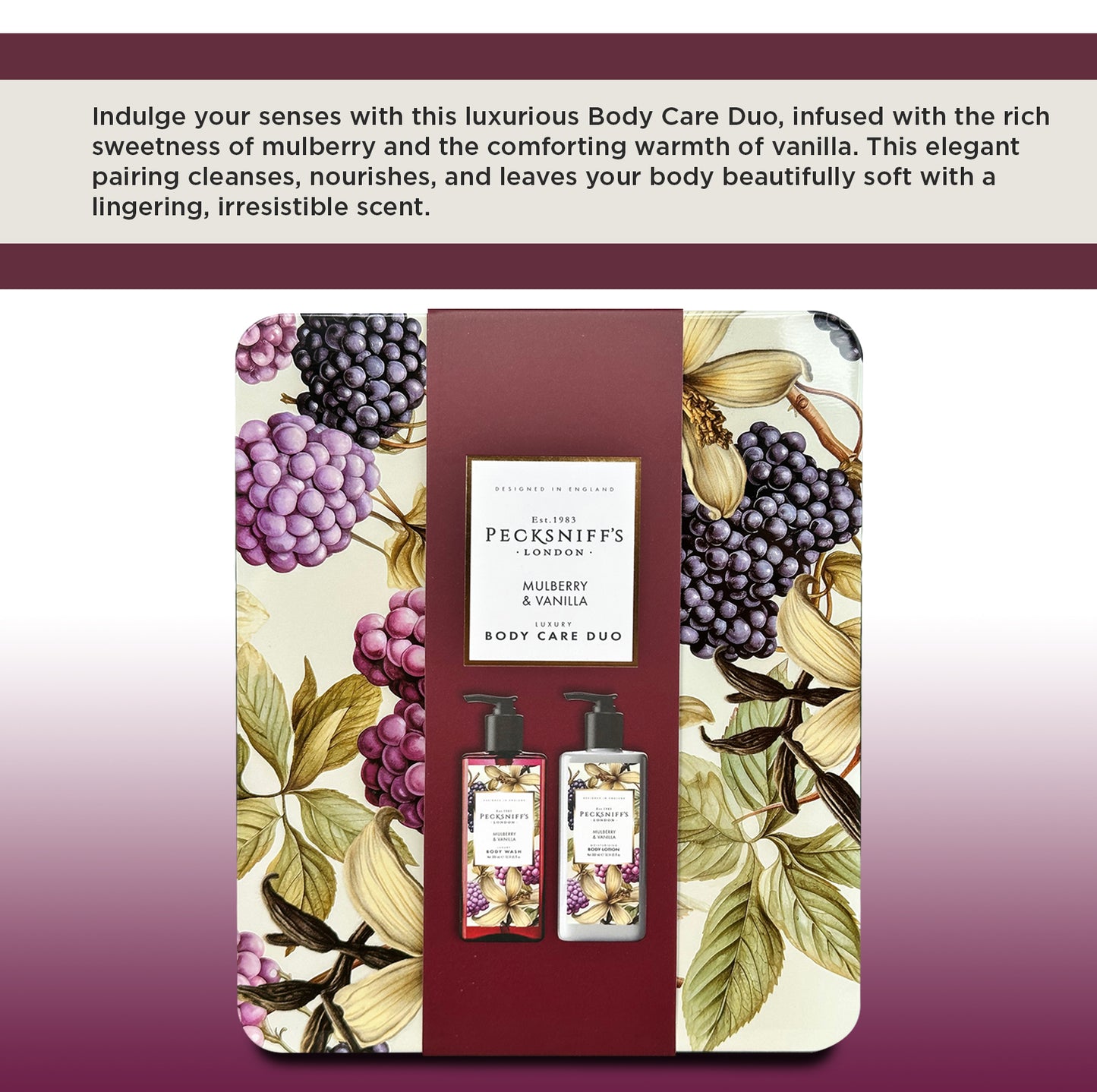 Pecksniff’s Body Care Duo Tin Box – Wildwood Mulberry & Vanilla 300ml Body Wash and 300ml Body Lotion Gift Set, Luxury Skincare Collection with Reusable Tin, Moisturizing & Nourishing for Daily Use