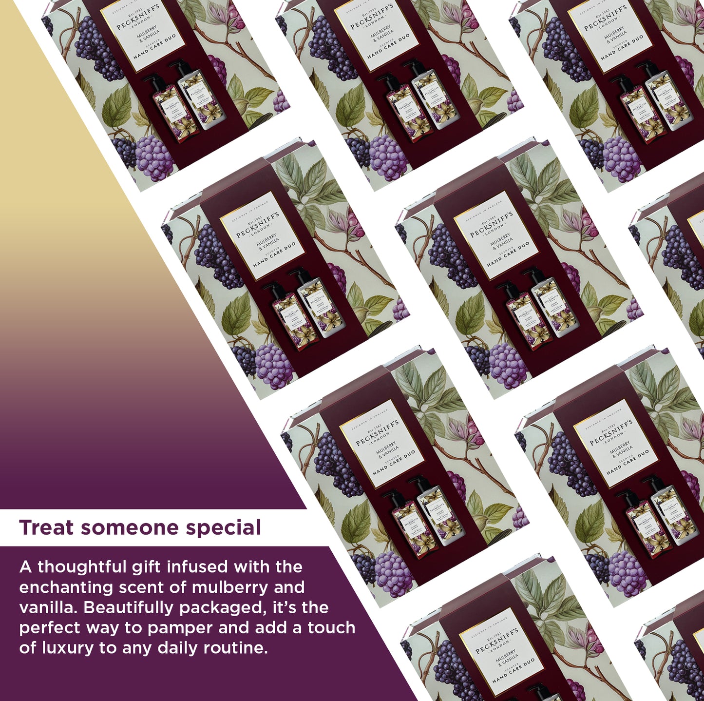 Pecksniff’s Hand Care Duo Gift Set, Mulberry & Vanilla, Hard Box Set with 300ml Hand Wash and 300ml Hand Lotion, Moisturizing Sink Set, Designed in England