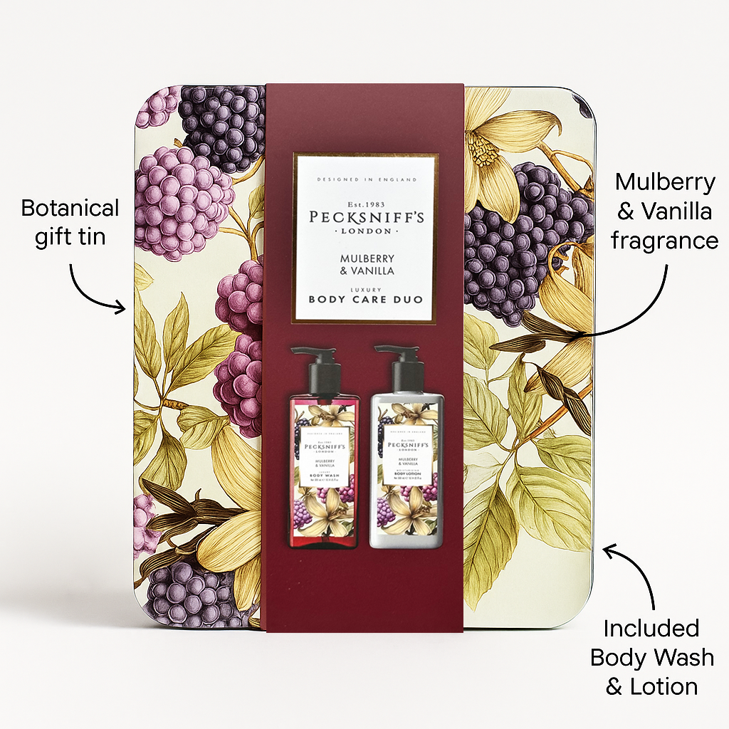 Pecksniff’s Body Care Duo Tin Box – Wildwood Mulberry & Vanilla 300ml Body Wash and 300ml Body Lotion Gift Set, Luxury Skincare Collection with Reusable Tin, Moisturizing & Nourishing for Daily Use