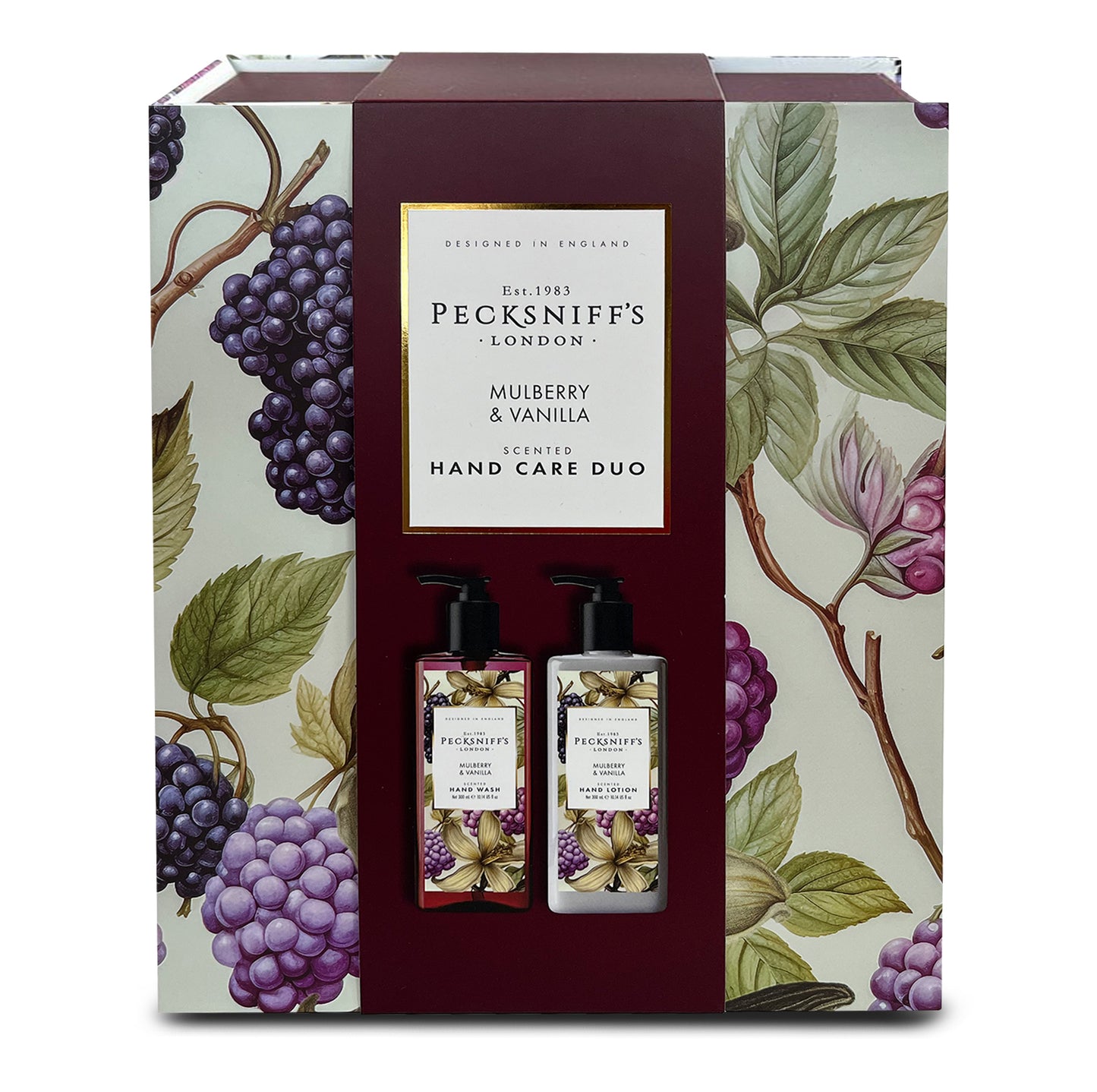 Pecksniff’s Hand Care Duo Gift Set, Mulberry & Vanilla, Hard Box Set with 300ml Hand Wash and 300ml Hand Lotion, Moisturizing Sink Set, Designed in England