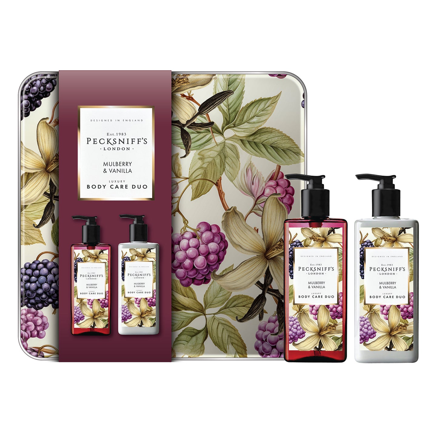 Pecksniff’s Body Care Duo Tin Box – Wildwood Mulberry & Vanilla 300ml Body Wash and 300ml Body Lotion Gift Set, Luxury Skincare Collection with Reusable Tin, Moisturizing & Nourishing for Daily Use