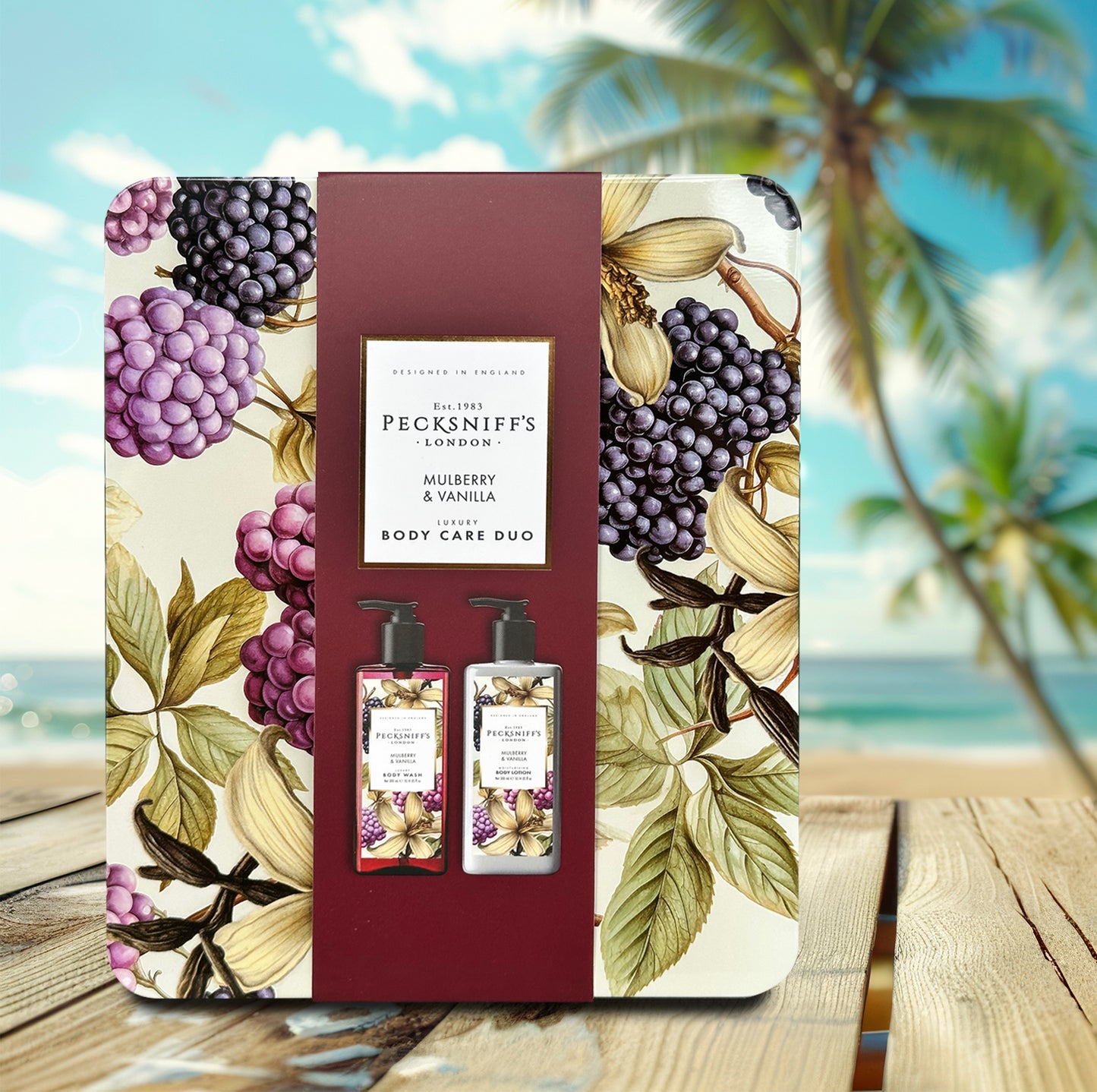 Pecksniff’s Body Care Duo Tin Box – Wildwood Mulberry & Vanilla 300ml Body Wash and 300ml Body Lotion Gift Set, Luxury Skincare Collection with Reusable Tin, Moisturizing & Nourishing for Daily Use