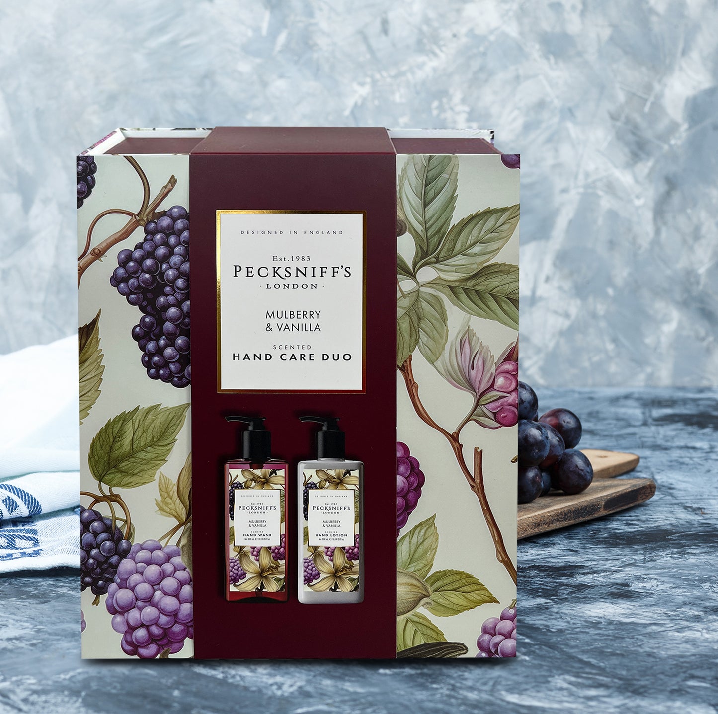 Pecksniff’s Hand Care Duo Gift Set, Mulberry & Vanilla, Hard Box Set with 300ml Hand Wash and 300ml Hand Lotion, Moisturizing Sink Set, Designed in England