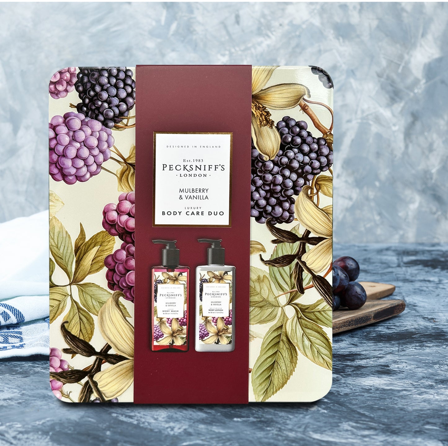 Pecksniff’s Body Care Duo Tin Box – Wildwood Mulberry & Vanilla 300ml Body Wash and 300ml Body Lotion Gift Set, Luxury Skincare Collection with Reusable Tin, Moisturizing & Nourishing for Daily Use