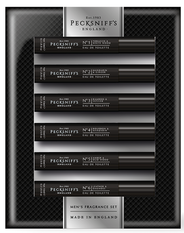 Pecksniff’s Men’s Essentials Fragrance Gift Set – 6x10 ml Eau de Toilette Collection – Luxury Mini Cologne Sampler, Made in England