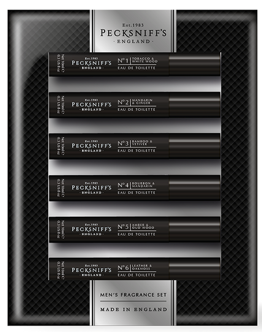 Pecksniff’s Men’s Essentials Fragrance Gift Set – 6x10 ml Eau de Toilette Collection – Luxury Mini Cologne Sampler, Made in England
