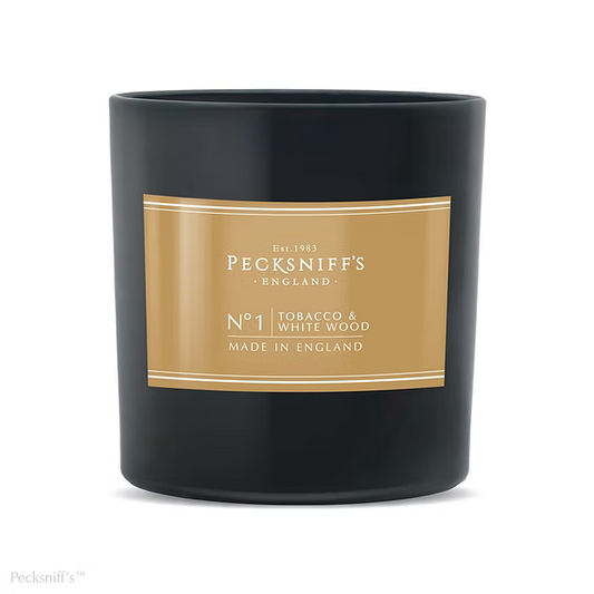 Pecksniff’s Tobacco & White Wood Scented Candle – 1 Wick, 184 g/6.49 oz – Oriental Luxury Fragrance – Black Glass Vessel – Made in England
